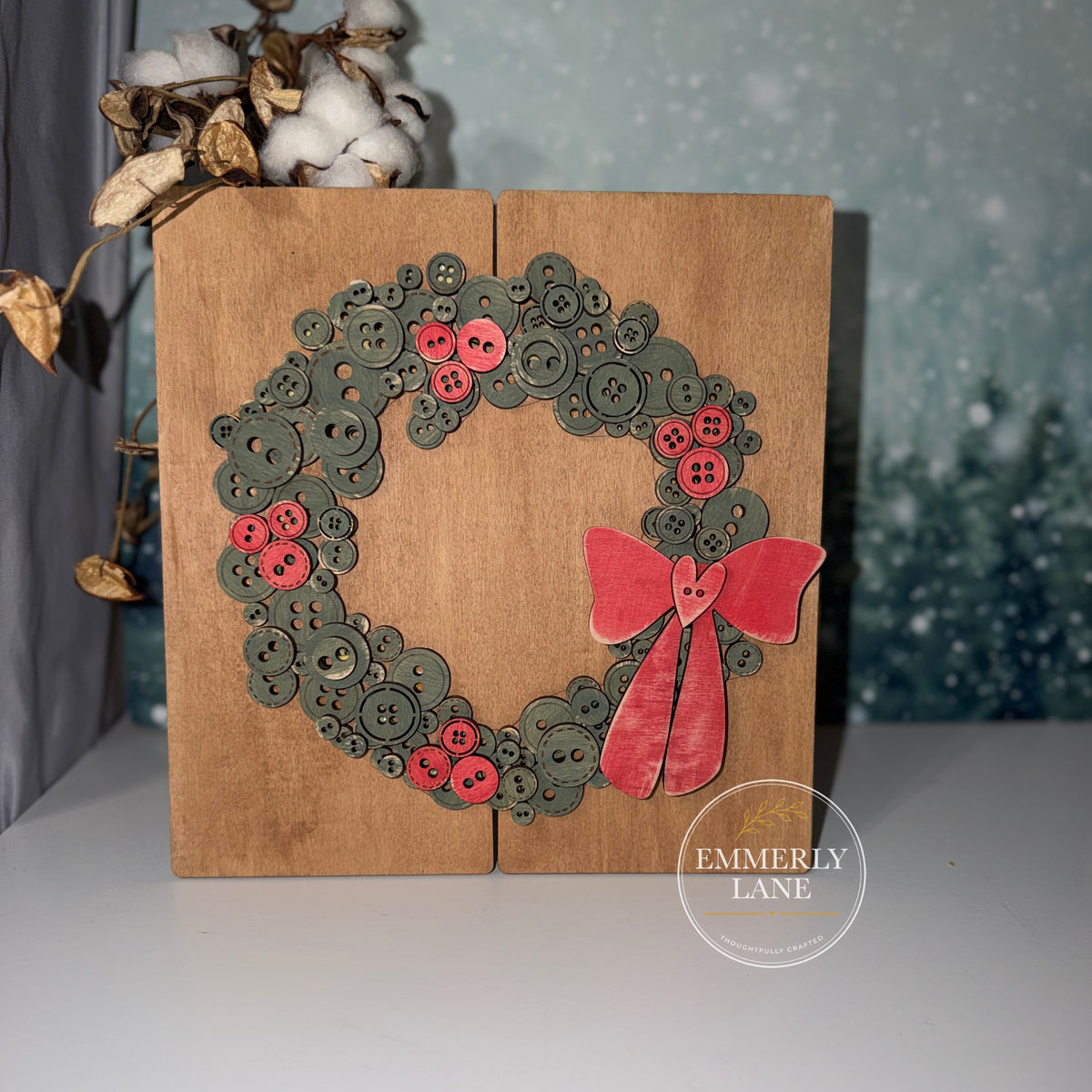 Christmas Wreath Button Wood Sign