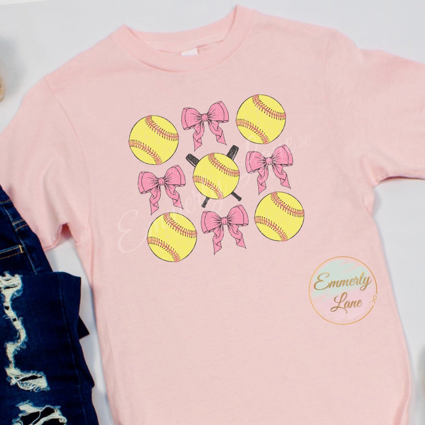 Distressed Softball Coquette Bow Tee