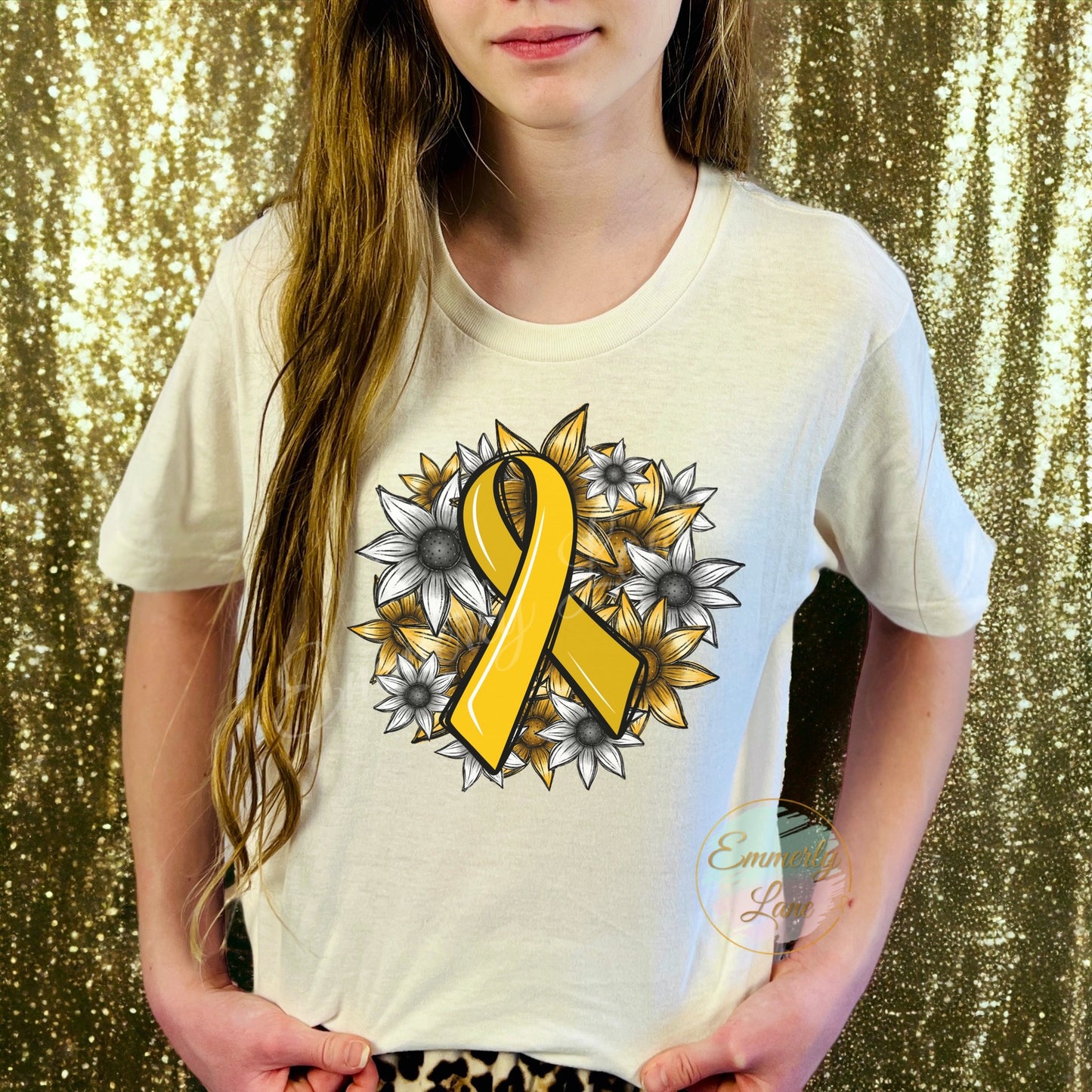 Floral Gold Ribbon Tee || Childhood Cancer Awareness Tee