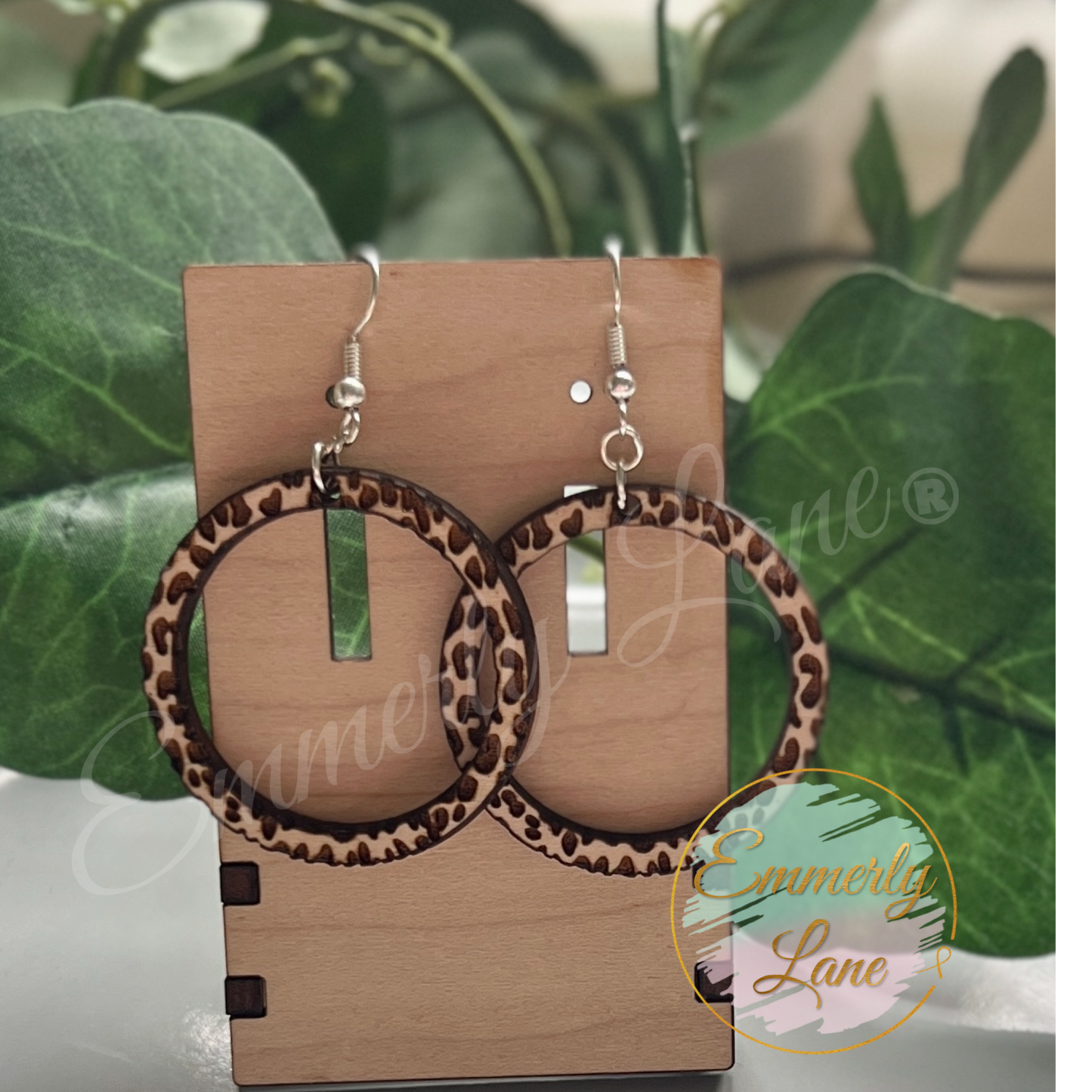 Wood Circle Leopard Earrings