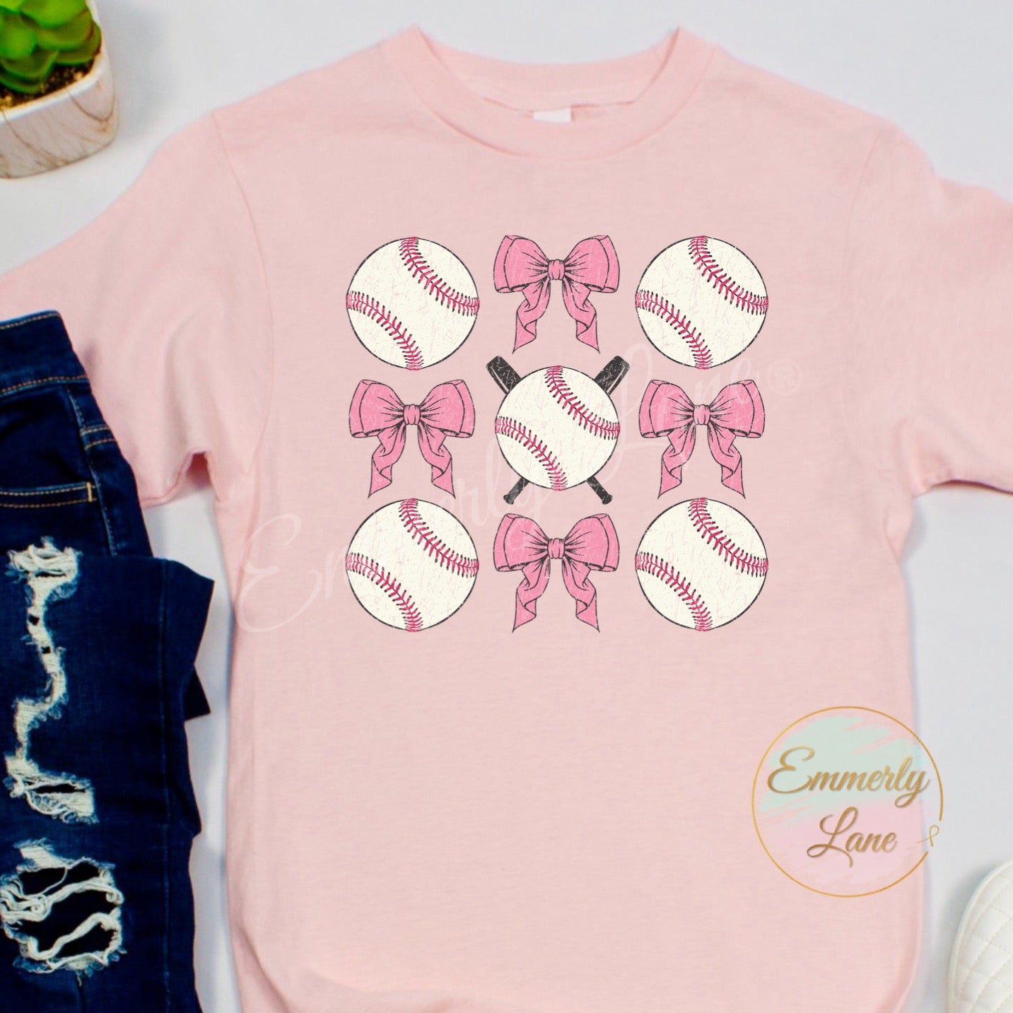 Distressed Baseball Coquette Bow Tee