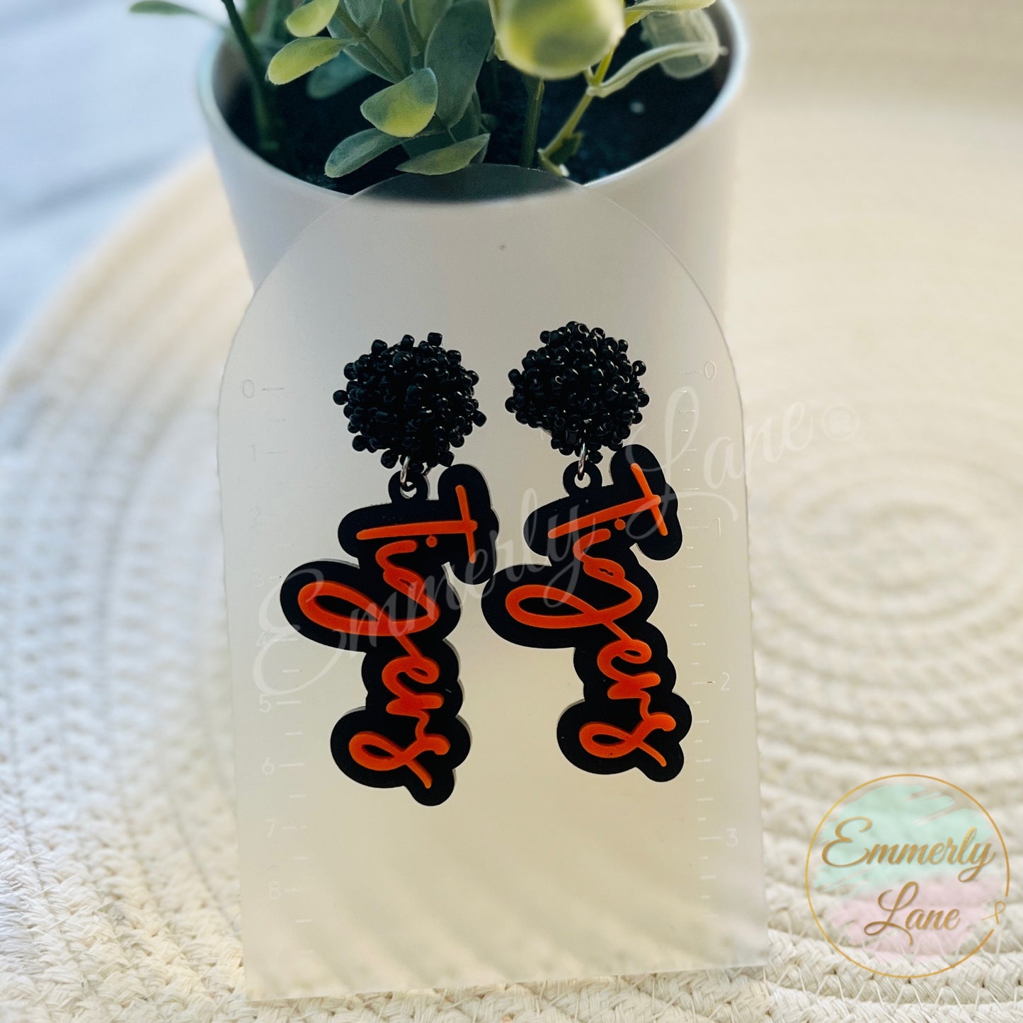 Tigers Cursive Team Spirit Dangle Earrings- seed bead toppers