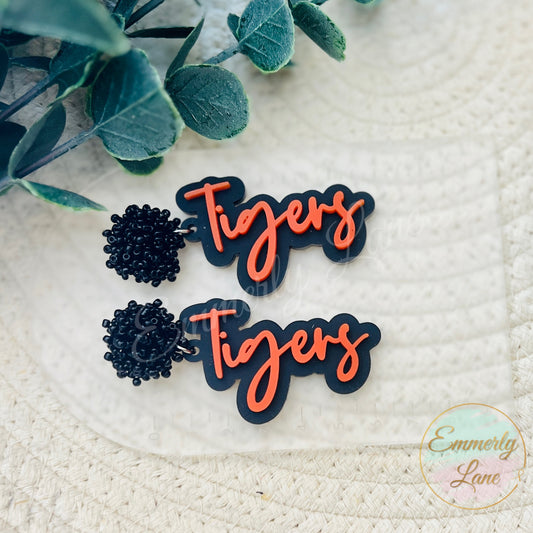 Tigers Cursive Team Spirit Dangle Earrings- seed bead toppers