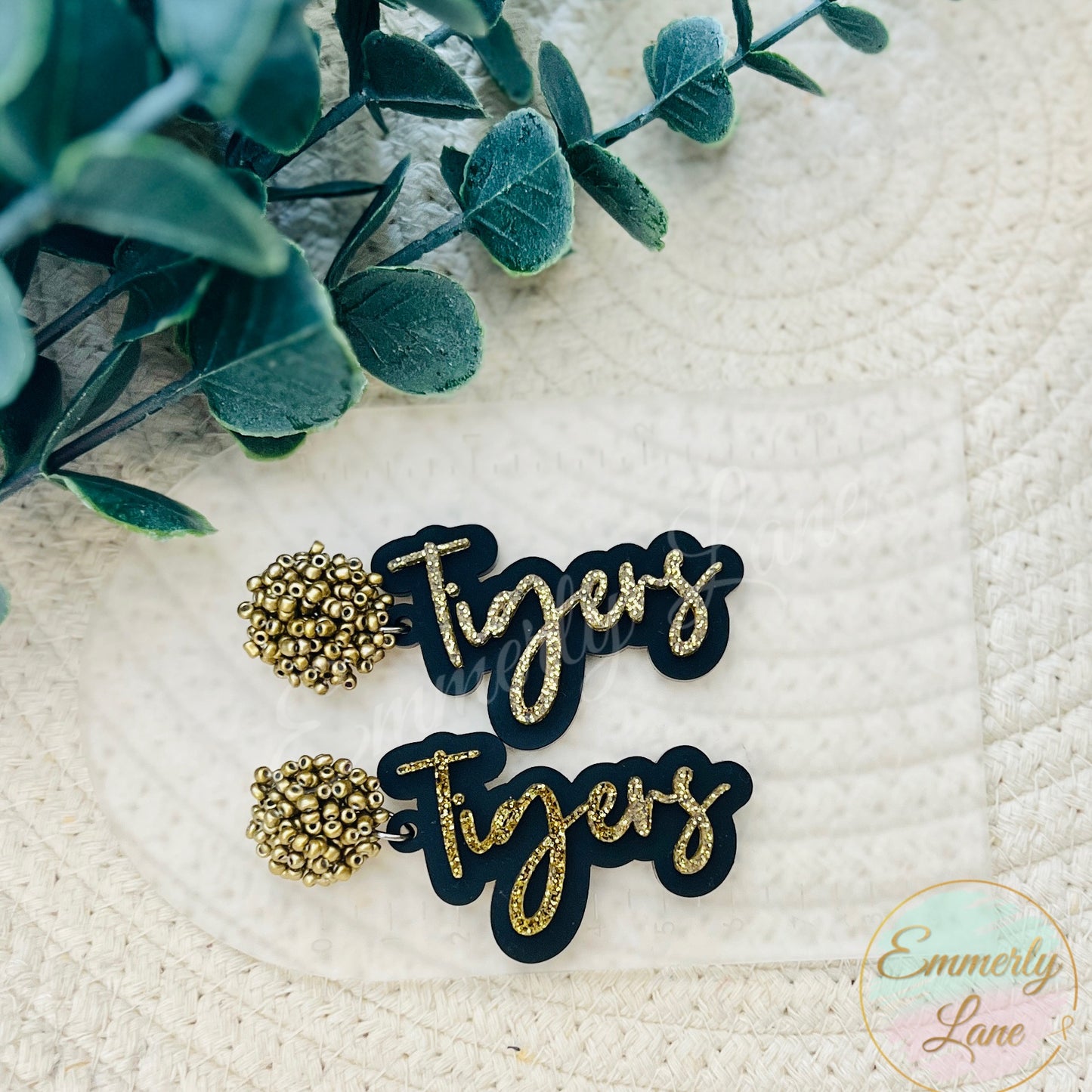 Cursive Team Spirit Dangle Earrings- seed bead toppers