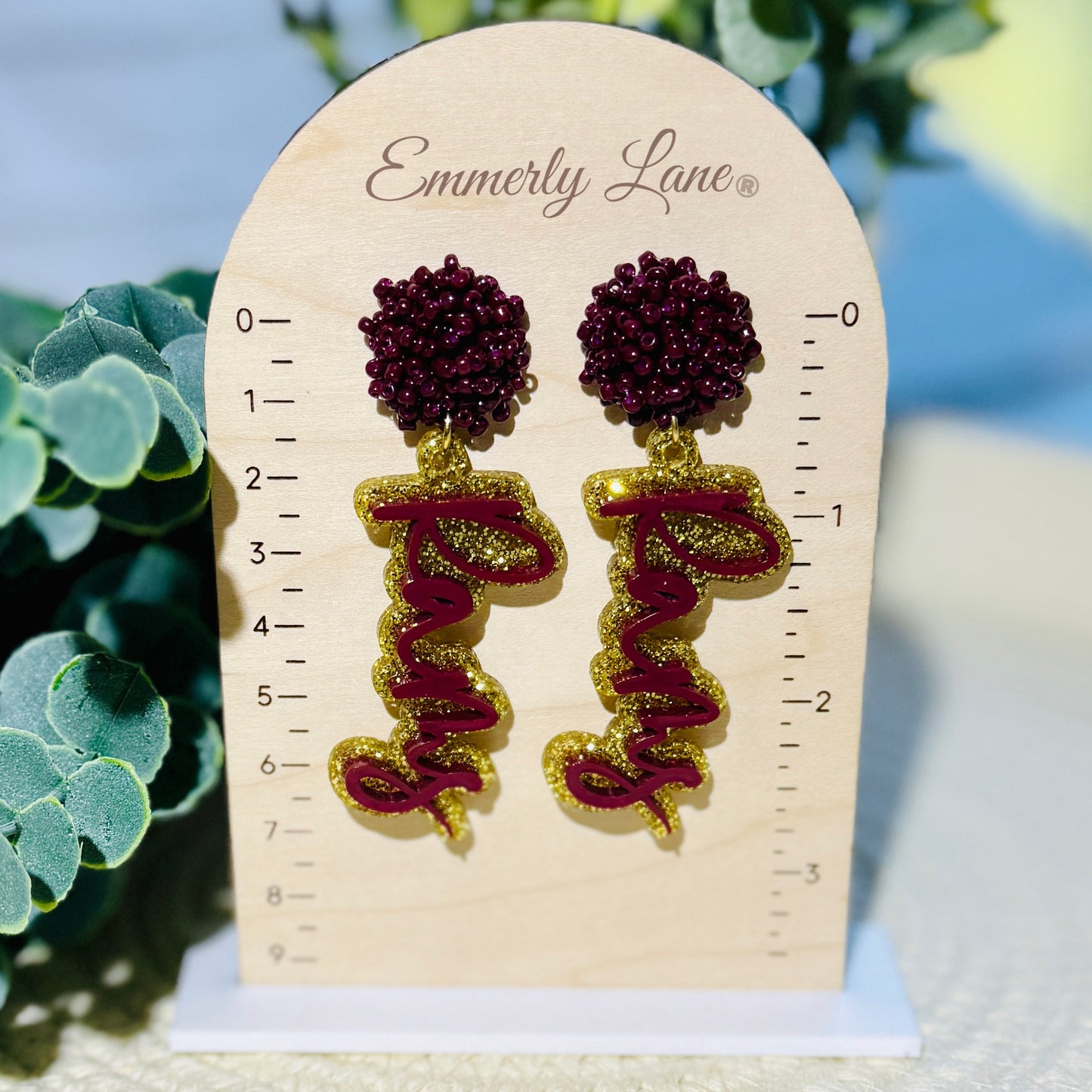 Cursive Team Spirit Dangle Earrings- seed bead toppers