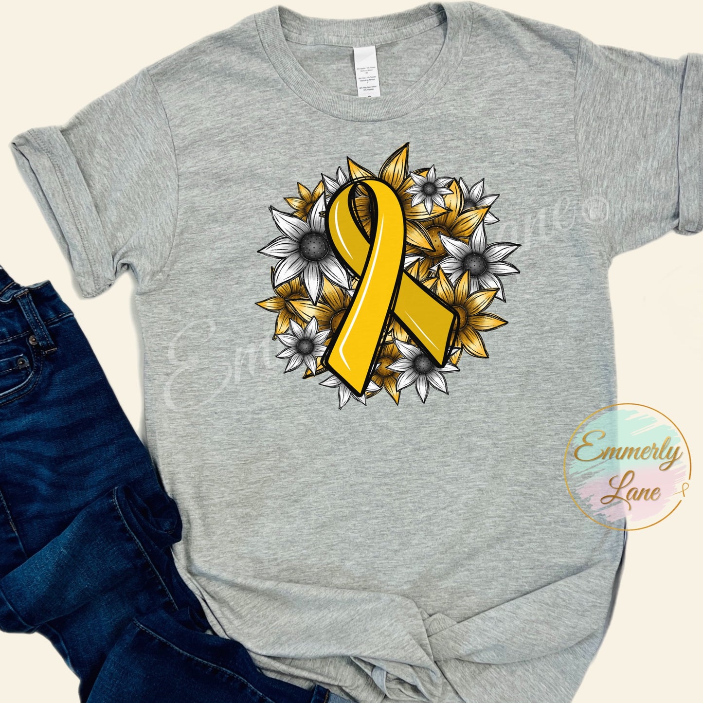 Floral Gold Ribbon Tee  || Childhood Cancer Awareness Tee