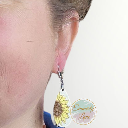 Sunflower Teardrop Wood Earrings