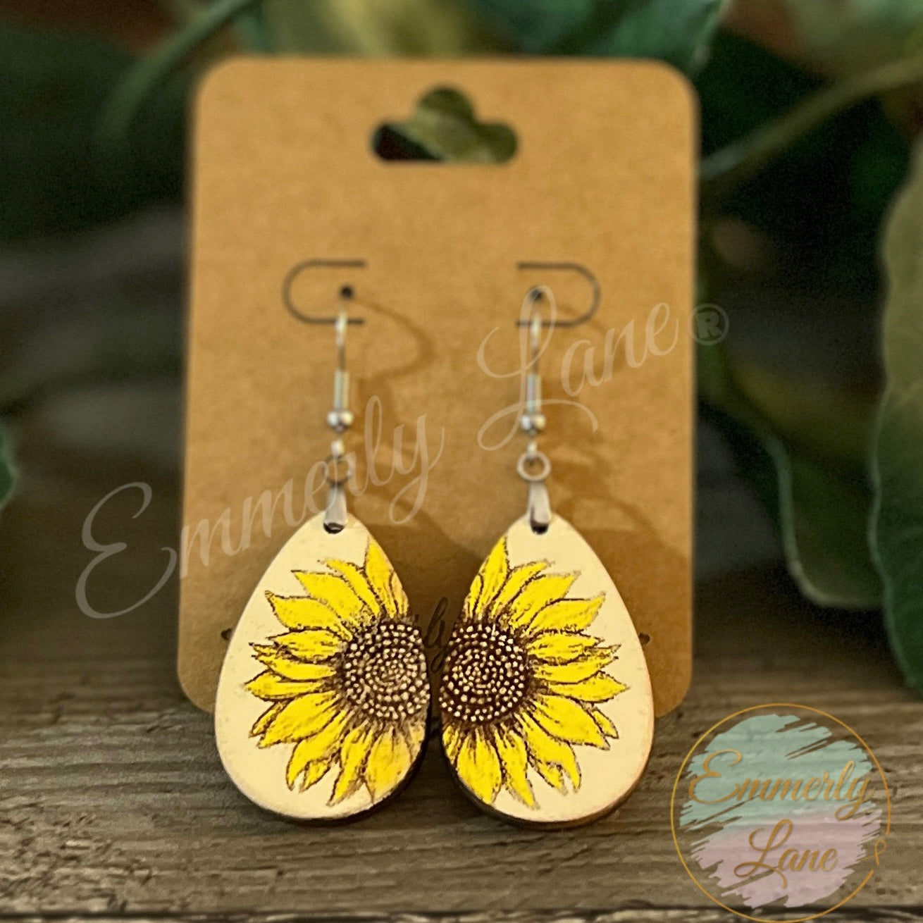 Sunflower Teardrop Wood Earrings