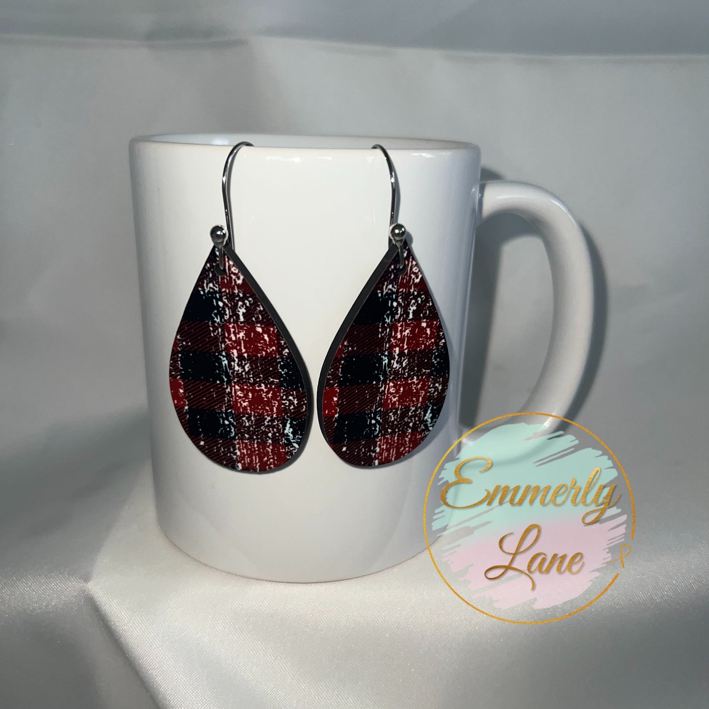 Distressed buffalo plaid Wood Teardrop Earrings