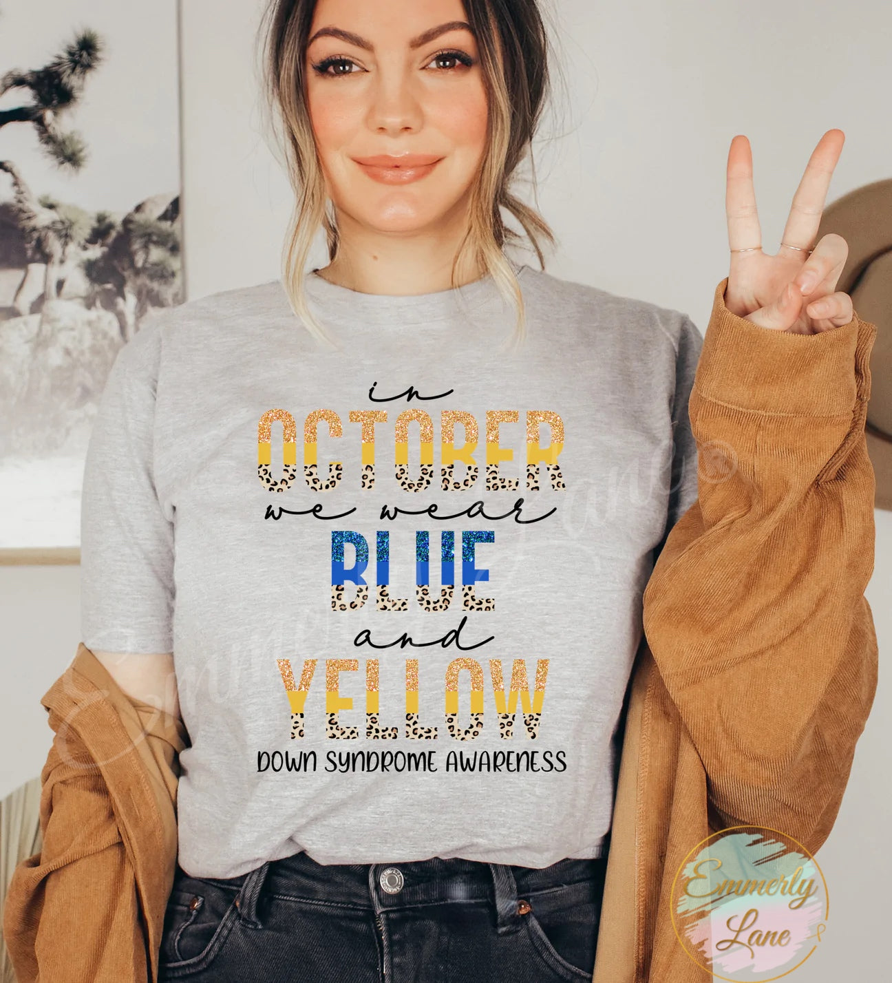 In October we wear blue and yellow Down Syndrome Awareness Tee