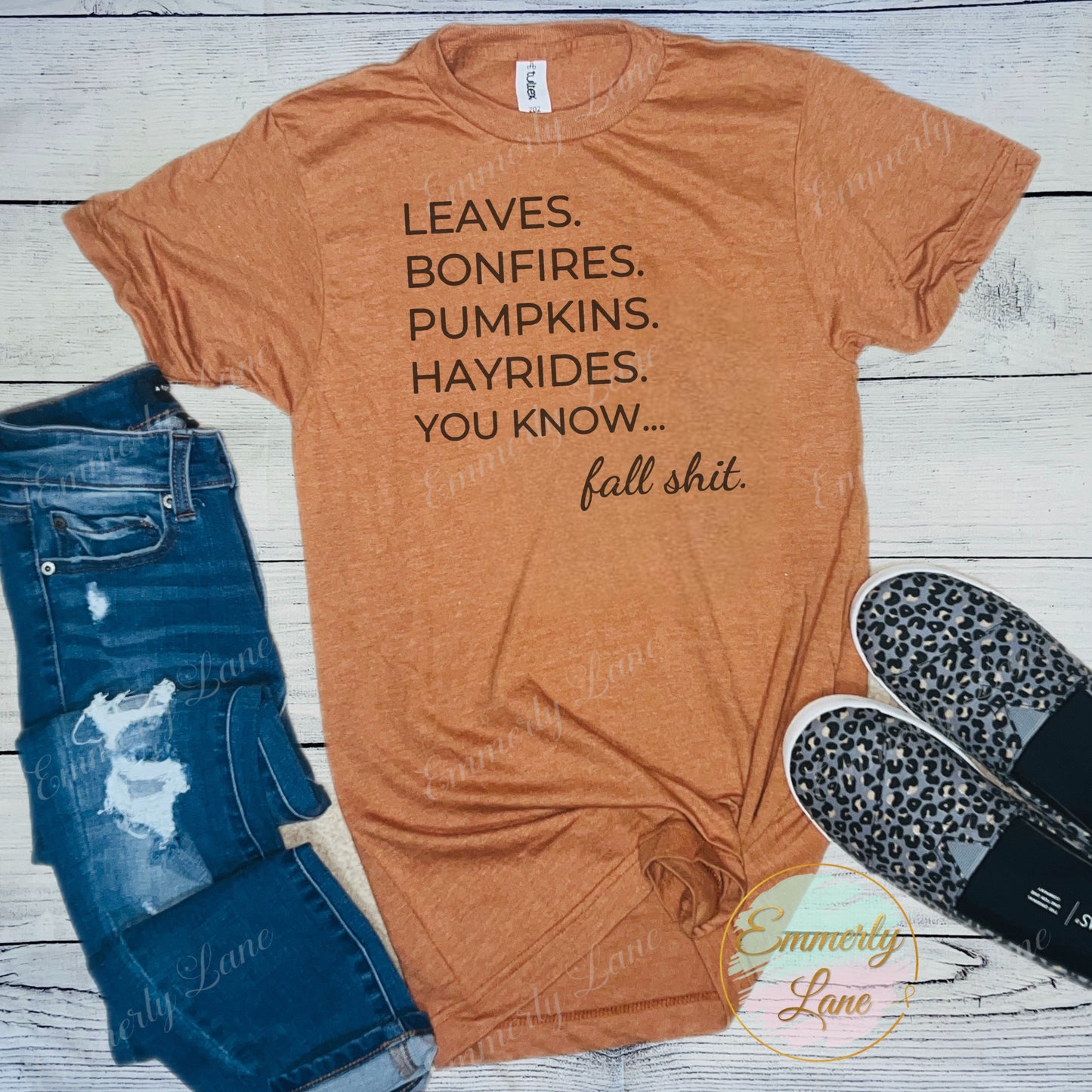 Leaves. Bonfires. Pumpkins. Hayrides. You know… Tee