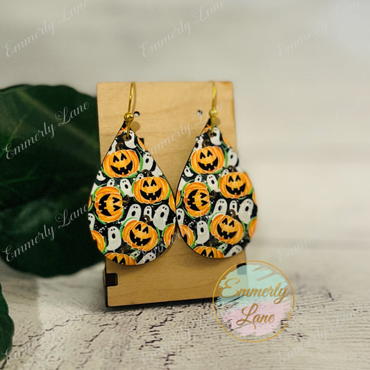 Pumpkins and Ghost Halloween Wood Teardrop Earrings