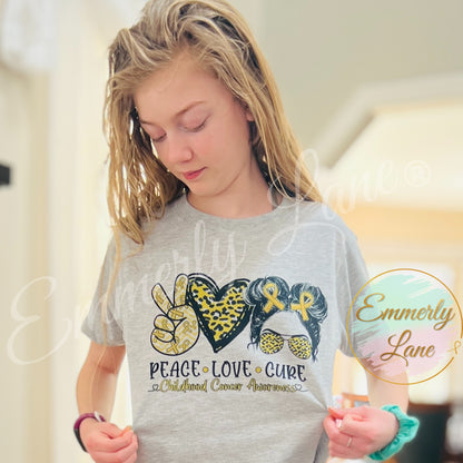 Peace Love Cure Girl Messy Bun Tee